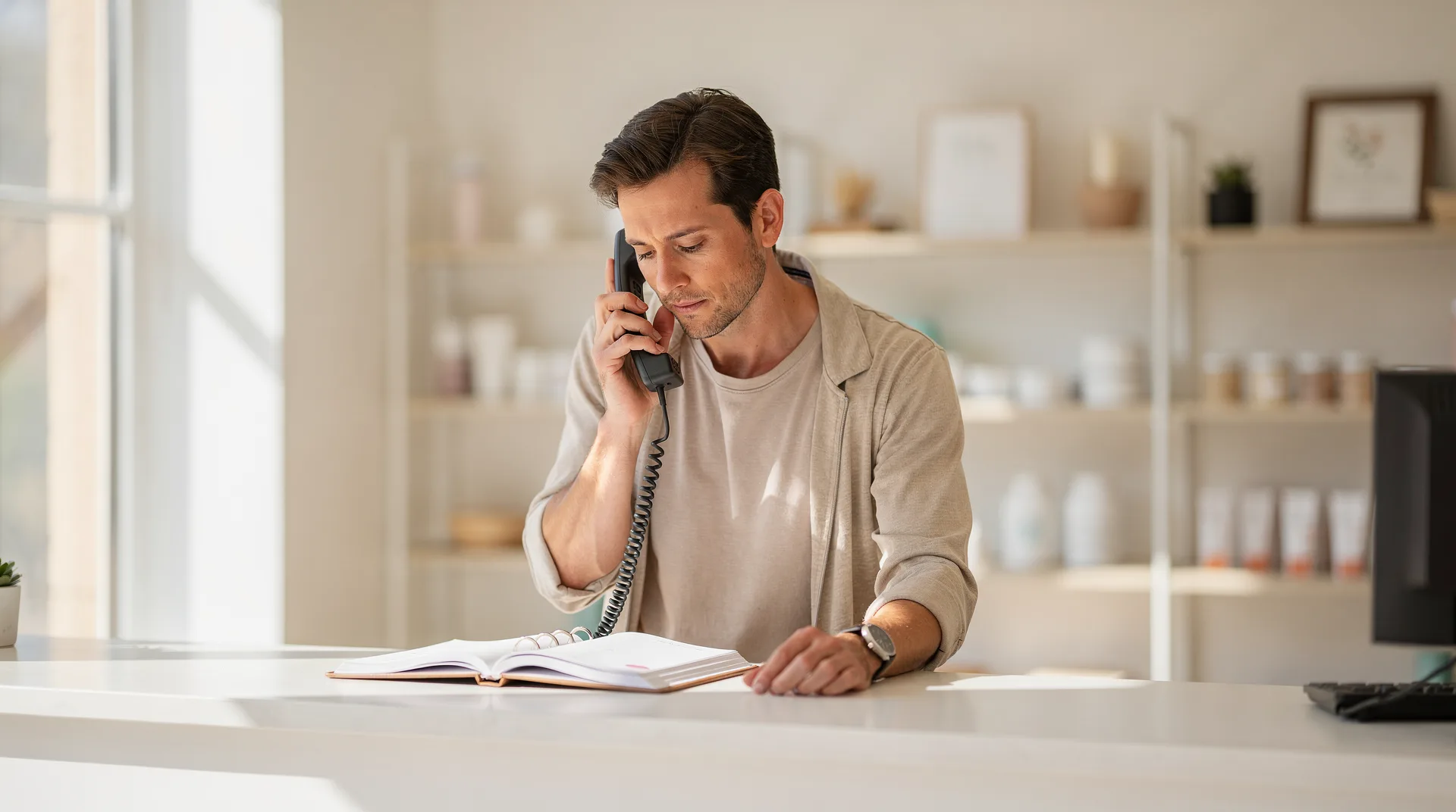 A business owner at a front counter, taking a call and checking the appointment book.