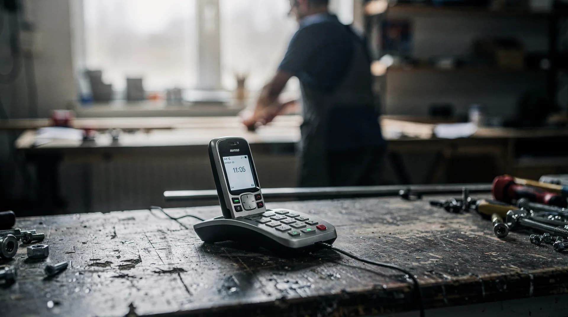 A phone ringing unanswered on a counter while the owner works with both hands.